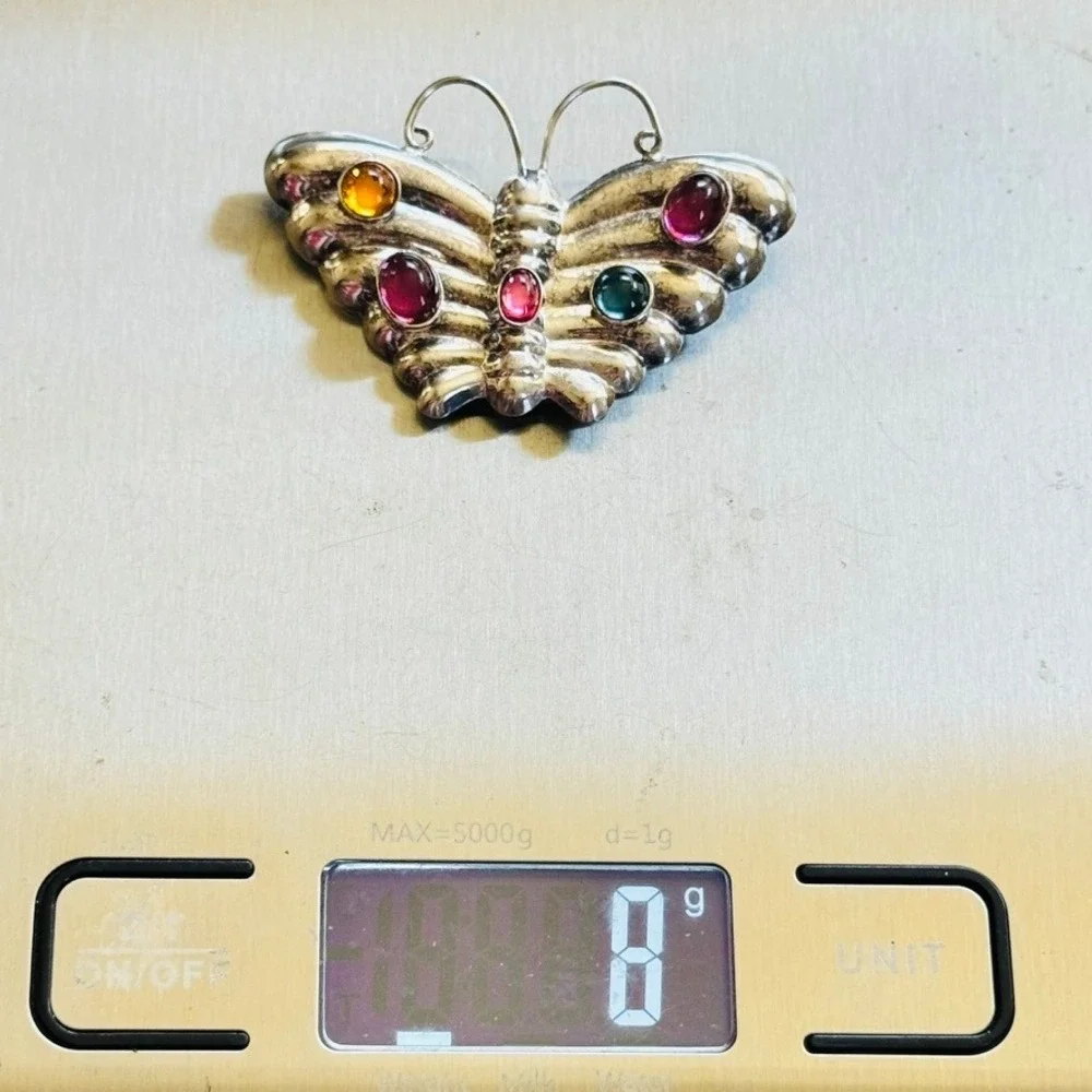 Art Deco Sterling Silver Butterfly Moth Brooch Pin VTG Candy Gemstone Cabochon